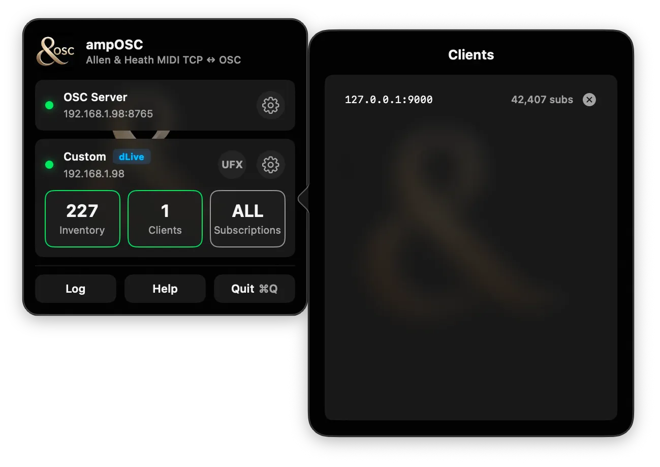 The Clients sheet: one connected client listed as 127.0.0.1:9000 with 42,407 subs beside it and a button to drop it.