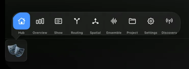 Tapped: the Hub strip open as a popover directly above the docked theatre-masks widget, with Hub highlighted