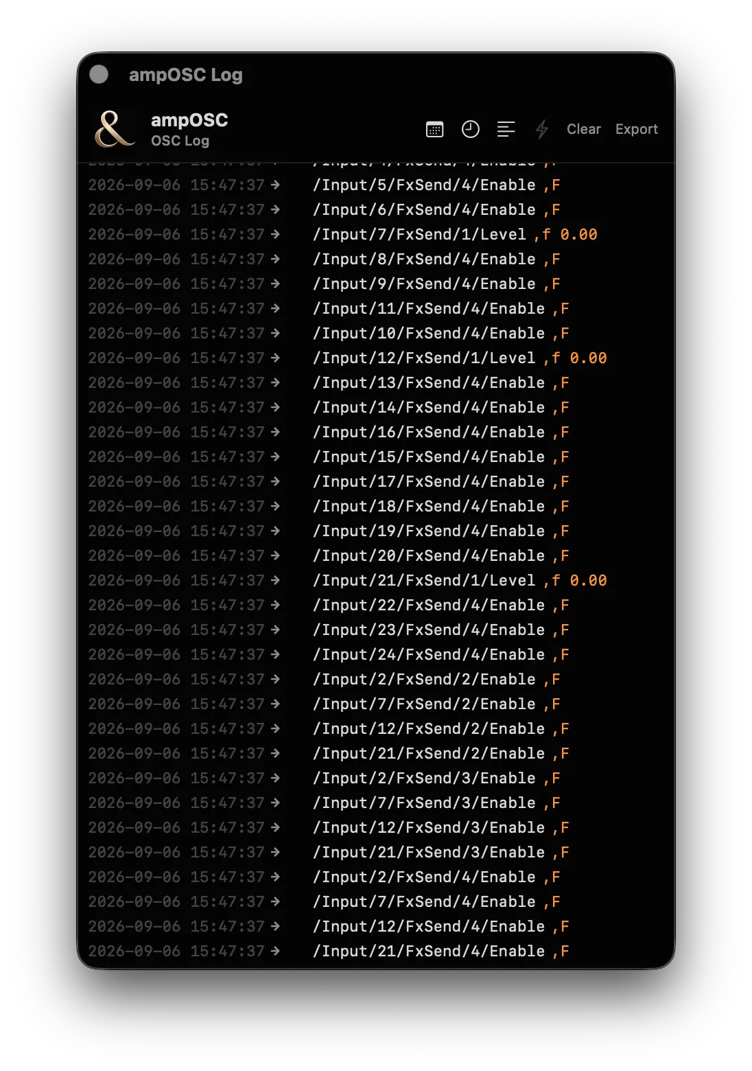 The log window in Raw mode with Date and Time switched on: each row reads 2026-09-06 15:47:37, a direction arrow, then the OSC address and its type tag — /Input/5/FxSend/4/Enable ,F and /Input/7/FxSend/1/Level ,f 0.00 — instead of the decoded channel chips.