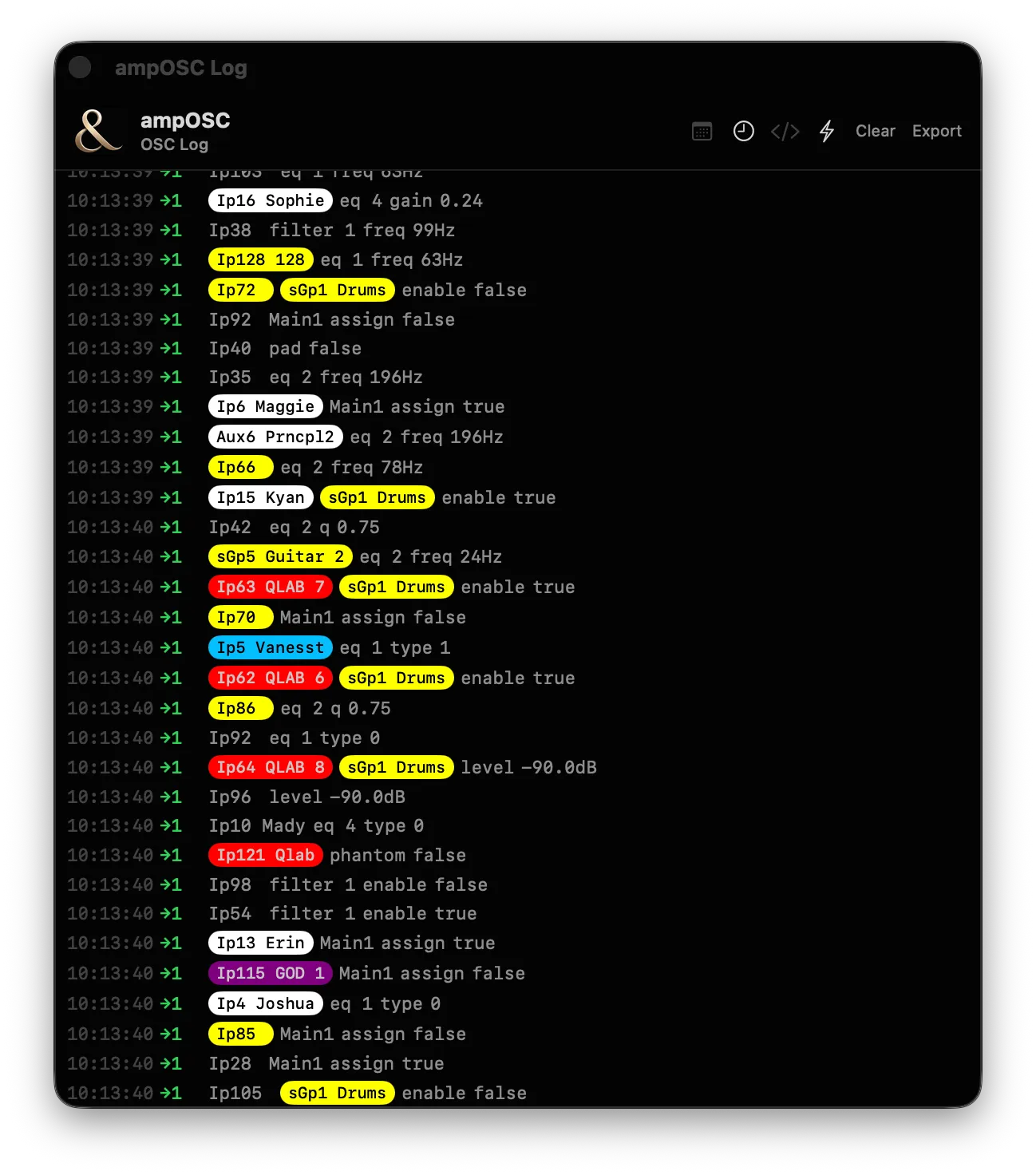 The ampOSC log window: timestamped rows, each with a direction arrow and the message in plain terms — channel names as coloured chips carrying the colour set on the console, then what changed, such as eq 2 freq 196Hz, Main1 assign true, level minus 90.0dB or pad false.