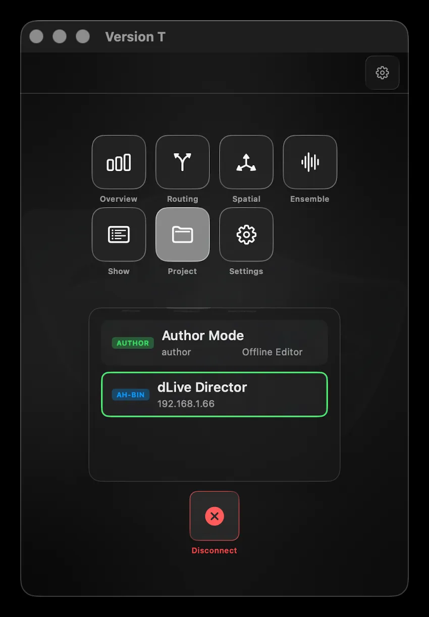 The Version T main window on Mac — the seven panel buttons above the connection list, with Author Mode and a discovered dLive Director, and a Disconnect button below
