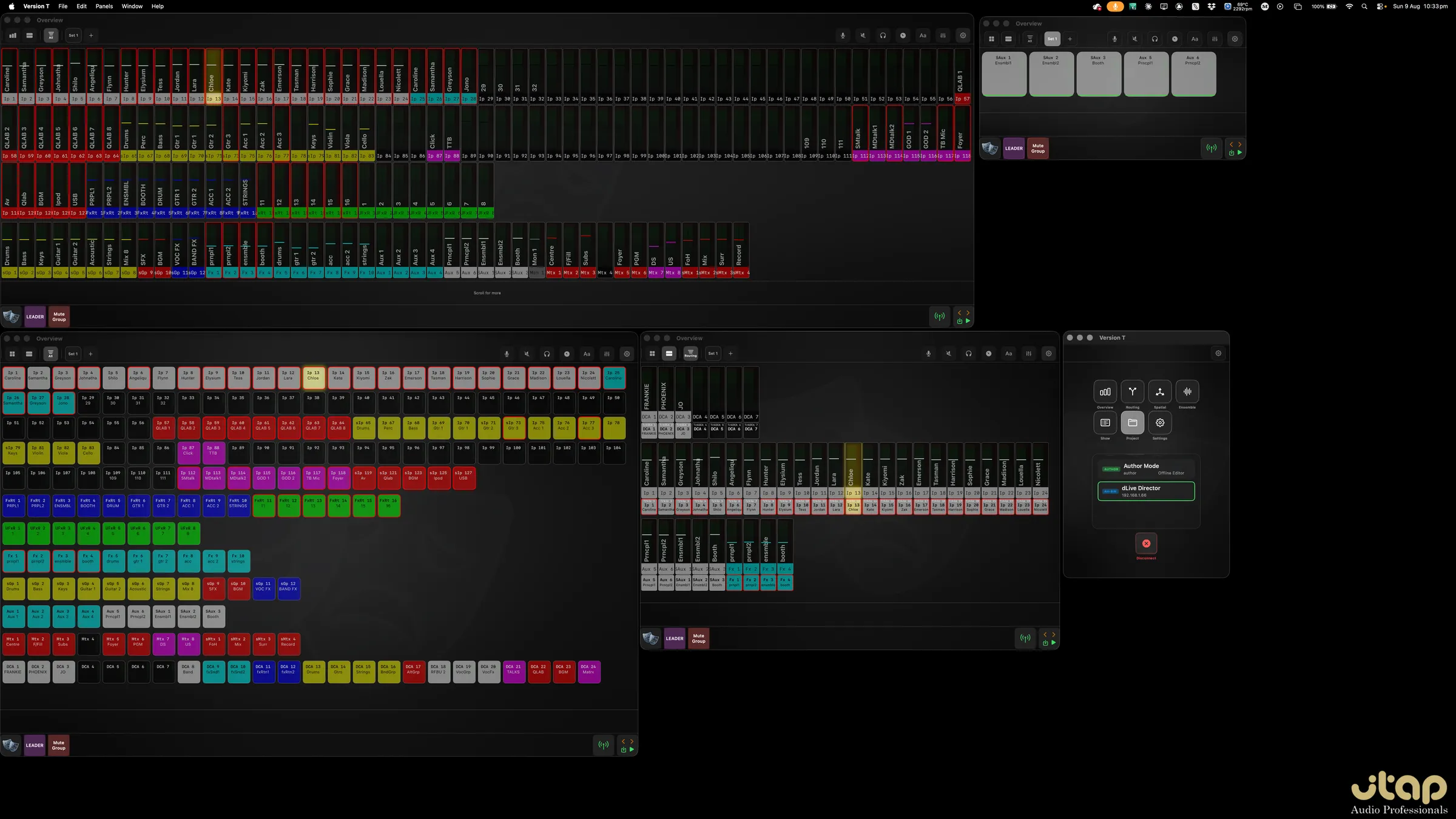 Three Overview windows at different sizes and views on one Mac desktop, each showing a different set of channels, beside the main Version T window
