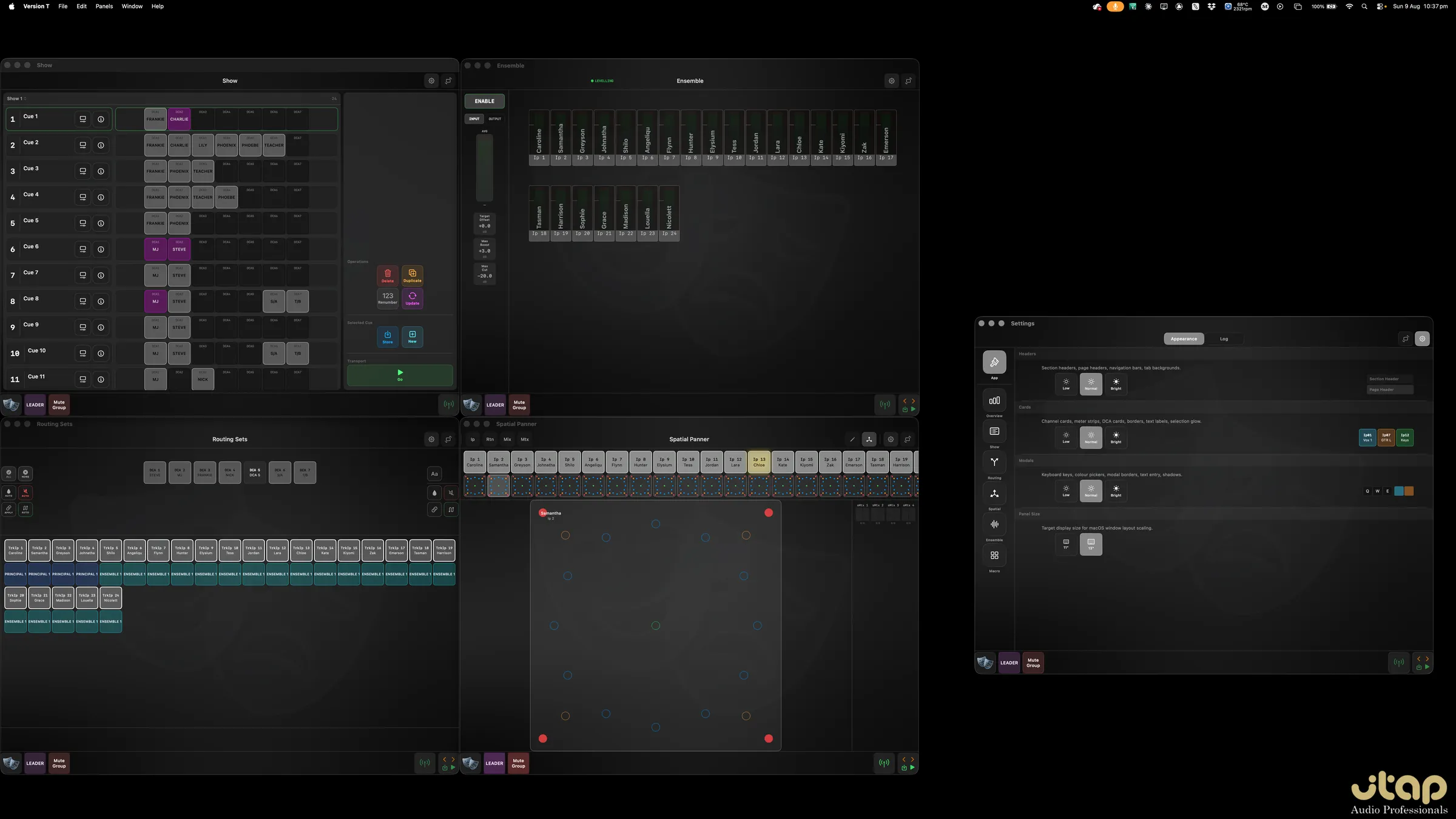 Show, Ensemble, Routing Sets, the Spatial Panner and Settings all open at once as separate windows tiled across a Mac desktop, each carrying its own dock