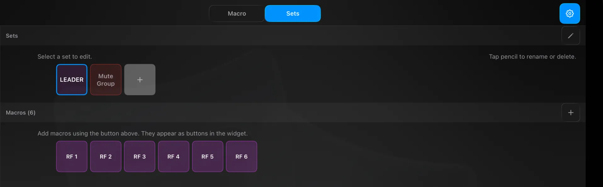 Settings → Macro → Sets — the macro sets as tiles, and the macros belonging to the selected set in the order they appear in its widget