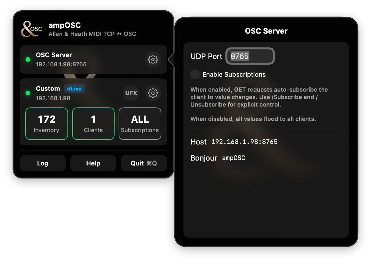 The OSC Server sheet: a UDP Port field reading 8765, an Enable Subscriptions checkbox, a note explaining that GET requests auto-subscribe when it is on and that all values flood to all clients when it is off, and the Host and Bonjour name below.