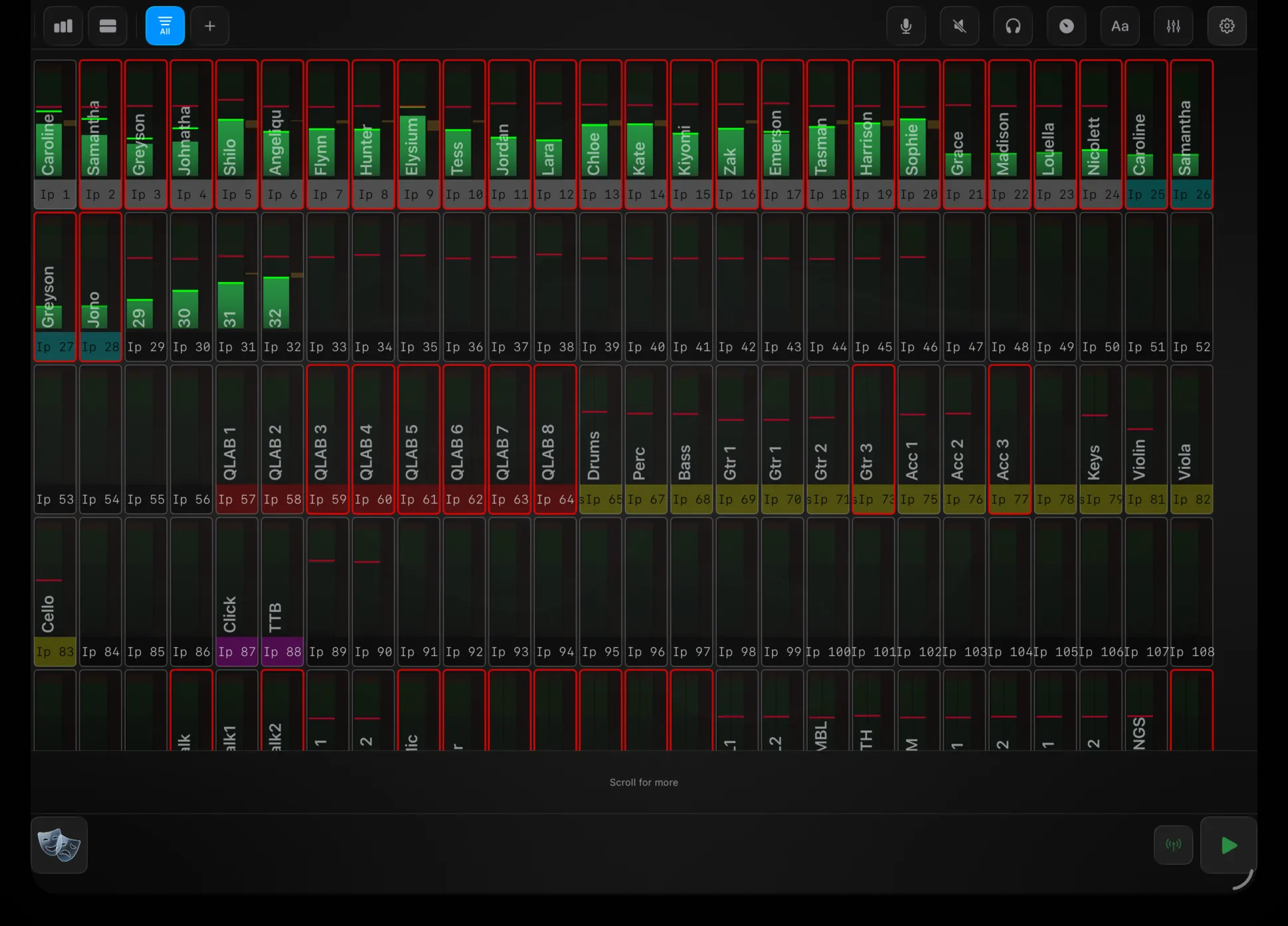 Version T Overview showing the whole console as a grid of colour-coded channel cards with live meters