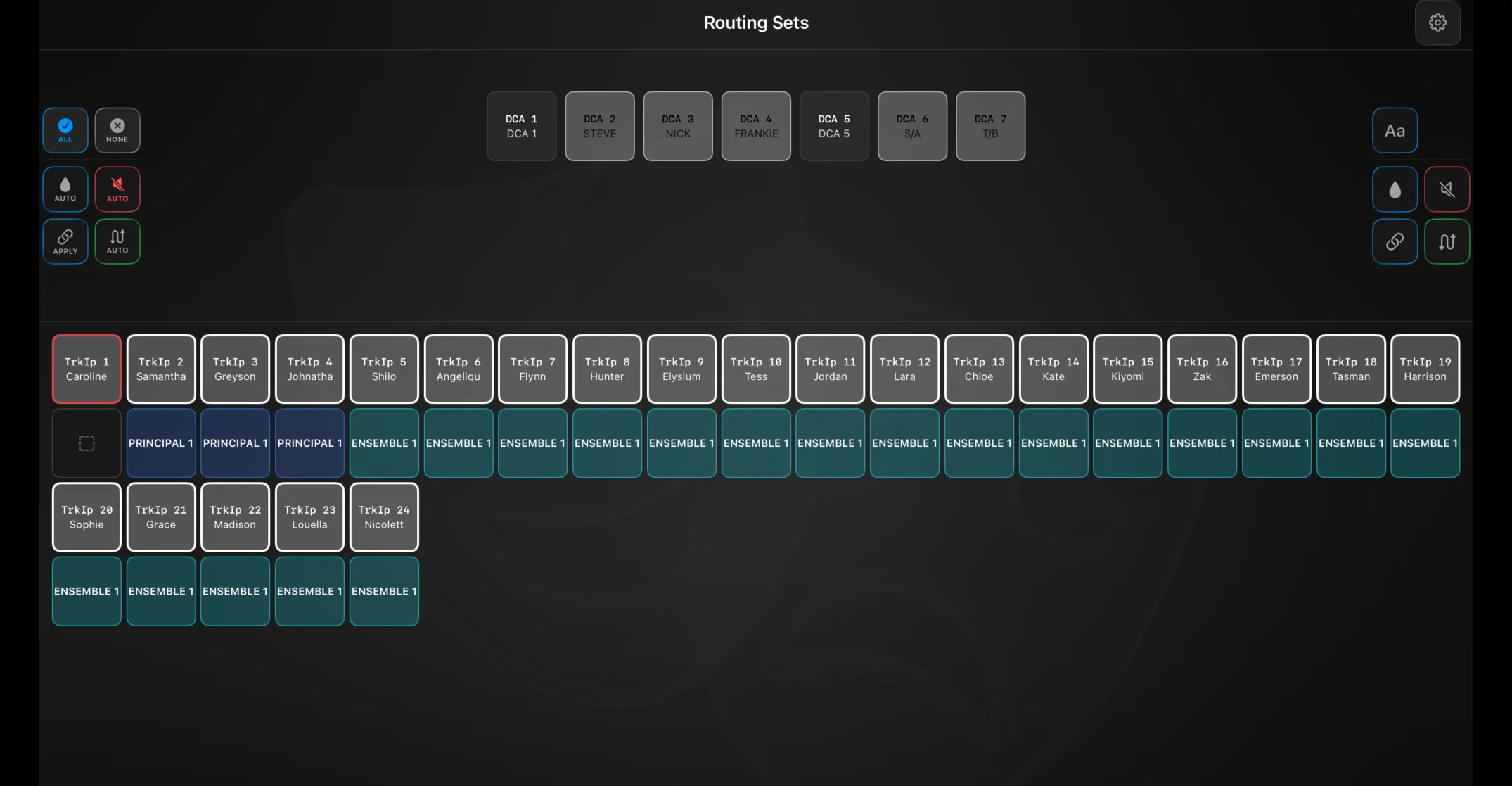 Version T Routing Sets showing tracked DCAs across the top and the tracked-input grid below, each card colour-coded by its current set