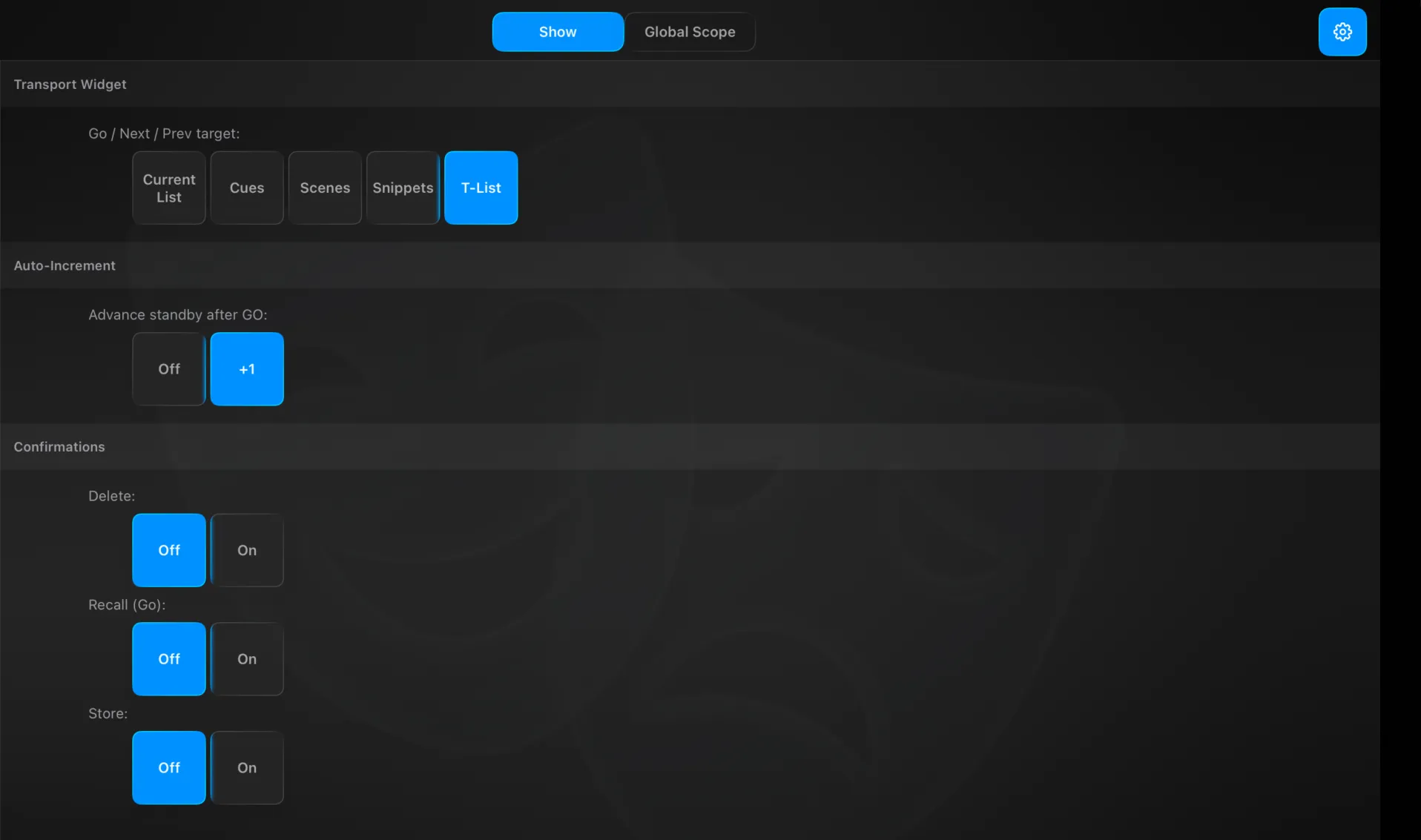 Settings → Show — the transport widget target, the advance-standby-after-GO setting, and the confirmation toggles for delete, recall and store
