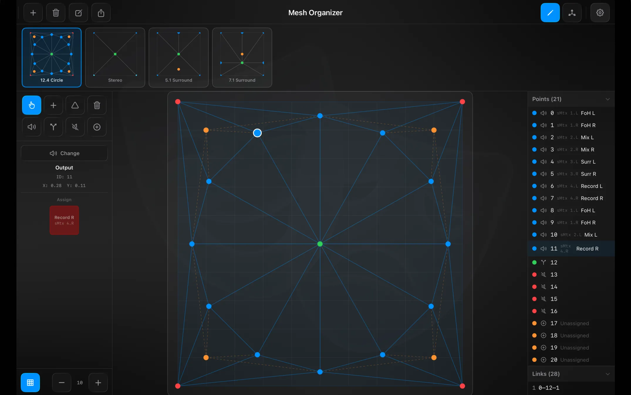 The Version T Mesh Organizer showing a triangulated mesh of output, split, mute and sum points, with the point and link tools at the left