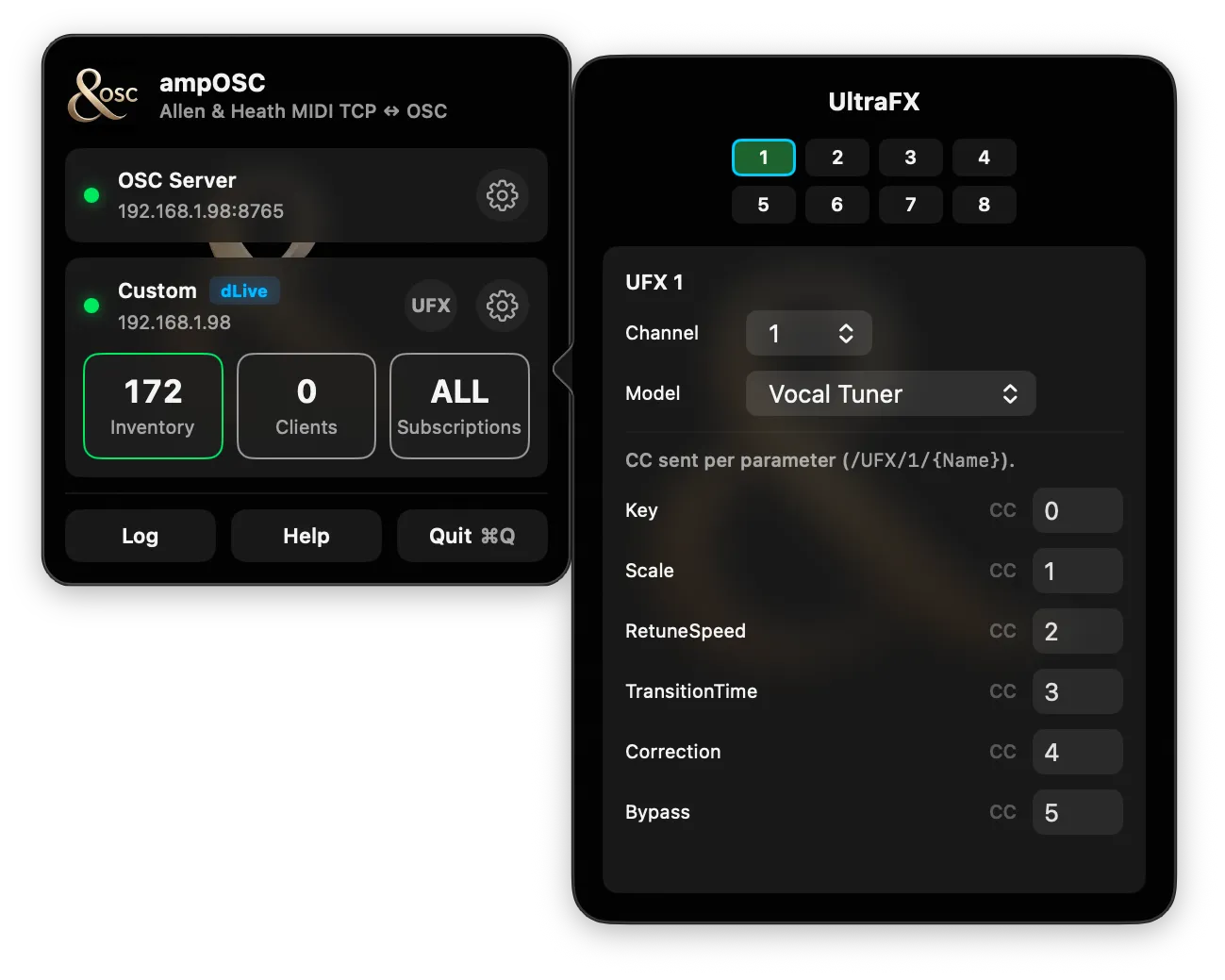 The UltraFX sheet: eight numbered unit tabs with unit 1 selected, its MIDI channel, a Model picker set to Vocal Tuner, and the CC number sent for each of that model's parameters — Key, Scale, RetuneSpeed, TransitionTime, Correction and Bypass.